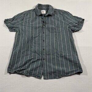 Katin Men Blue Striped Surf Short Sleeve Collar Button Cotton Linen Shirt Sz L